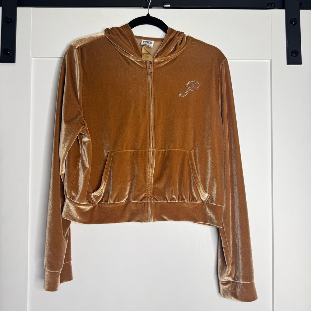 Pink gold full zip hooded velvet track jacket